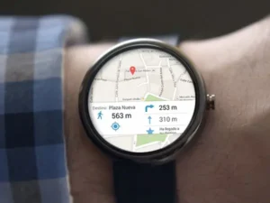 A WearOS smartwatch showing Google Maps 